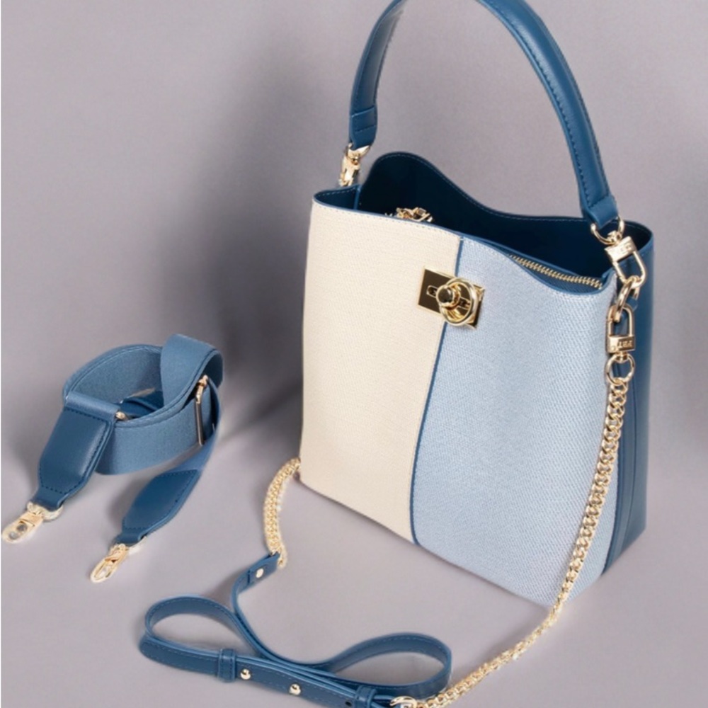 Chic Blue and White Crossbody Bag with Gold Accents
